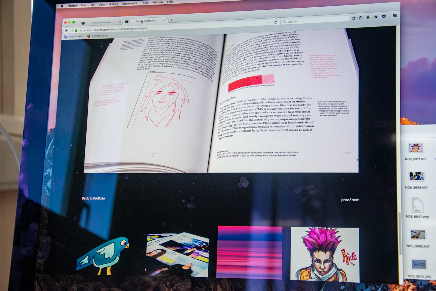 Computer screen displaying a web browser with a design portfolio.
